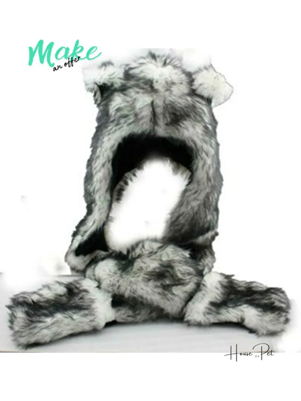 Faux Fur Wolf Hood Hat Scarf Mittens 3-in-1 Cosplay Costume